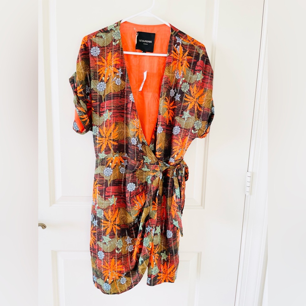 NWT Revolve Le Superbe orange wrap dress with tropical palm tree print, sz 8